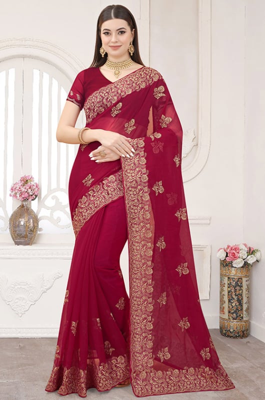 Magenta Zari Embroidered Shimmer Silk Saree