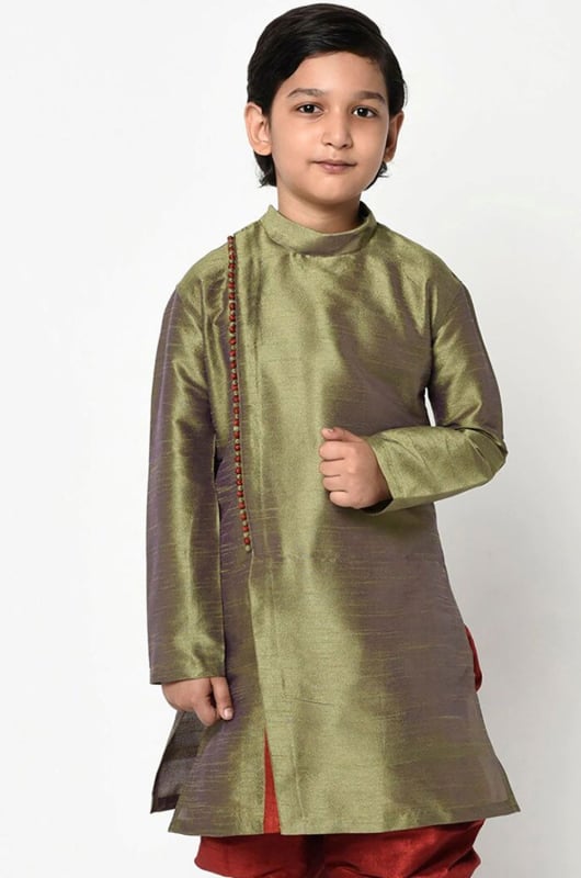 Mahendi Green Dupion Silk Boys Kurta for Festival