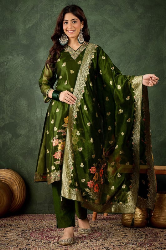 Mahendi Green Organza Silk Partywear Suit