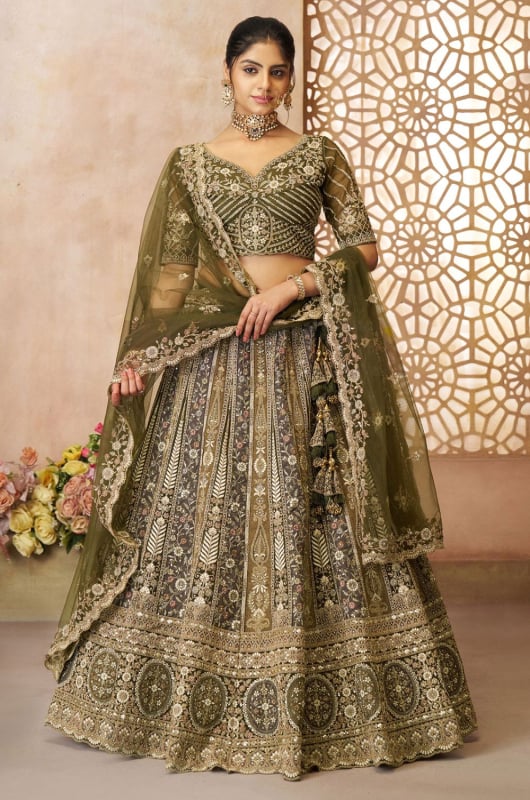Mahendi Green Zari with Resham Embroidered Designer Lehenga Choli Set