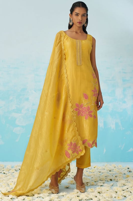 Maize Yellow Embroidered Pant Kameez for Festival