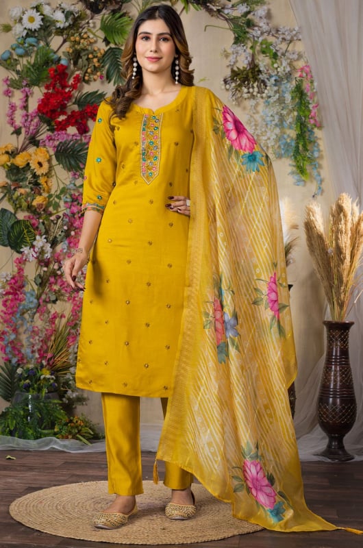 Maize Yellow Embroidered Roman Silk Pant Kameez