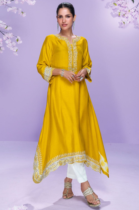 Maize Yellow Embroidered Silk Asymmetrical Kurta