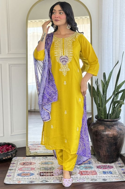 Maize Yellow Embroidered Silk Readymade Pant Kameez