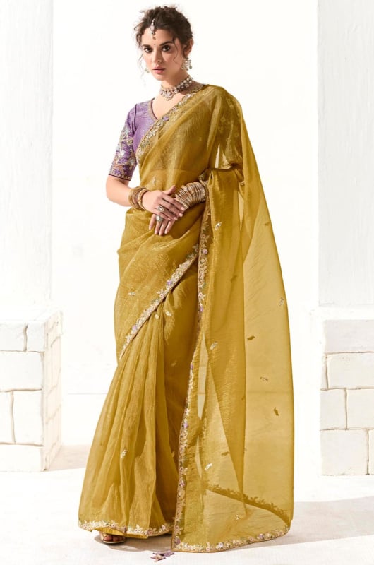 Maize Yellow Embroidered Tissue Designer Saree