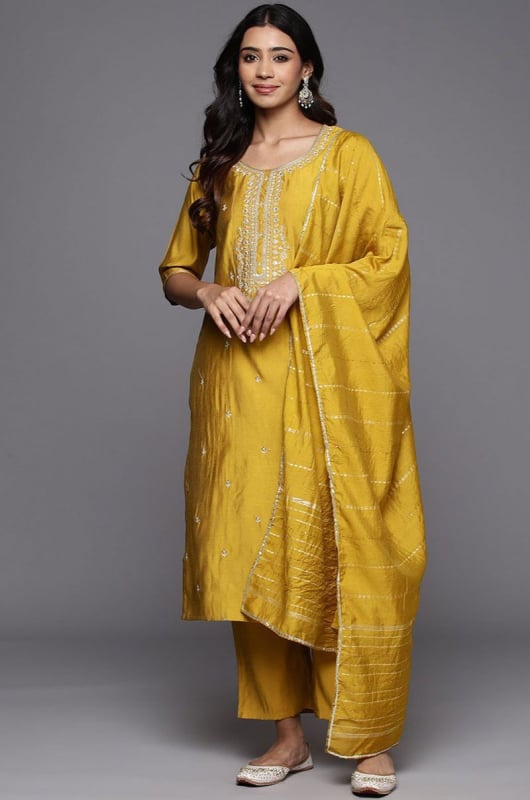 Maize Yellow Embroidered Viscose Blend Readymade Pant Kameez