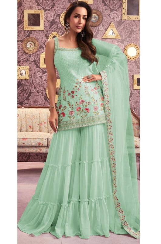 Malaika Arora Mint Blue Embroidered Faux Georgette Sarara Kameez