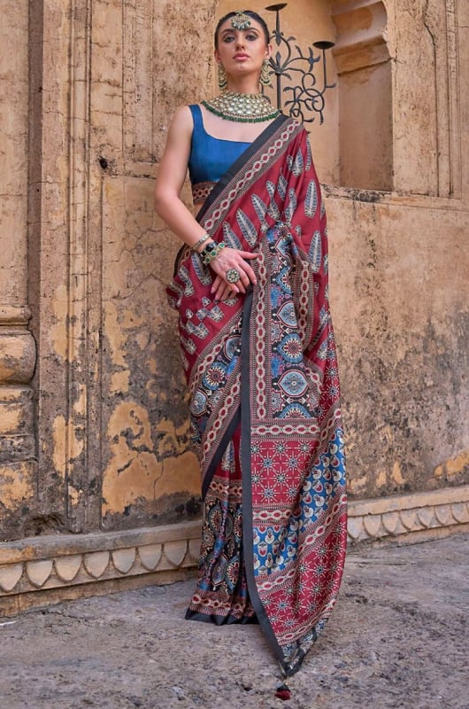 Maroon Ajrakh Print Viscose Silk Saree