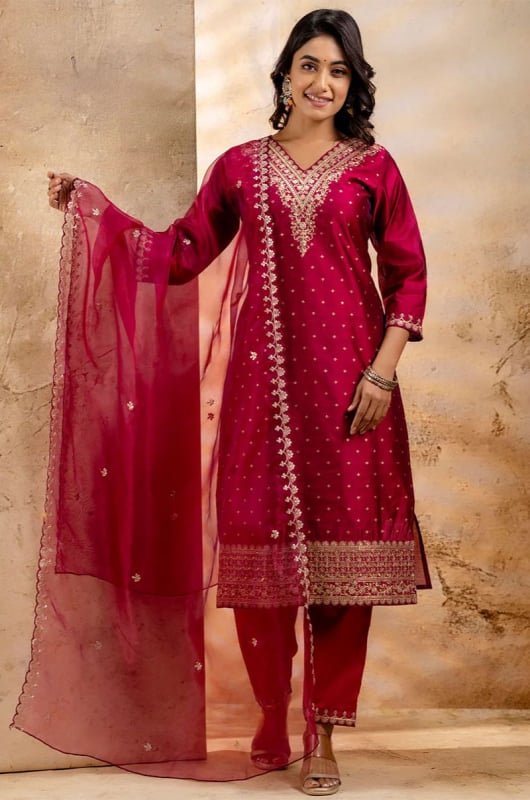 Maroon Chanderi Silk Readymade Pant Kameez