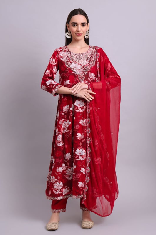 Maroon Cottom Embroidered Readymade Suit