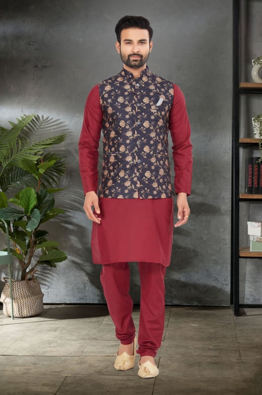 Maroon Cotton Kurta Pyjama Set with Silk Digital Printed Jacket