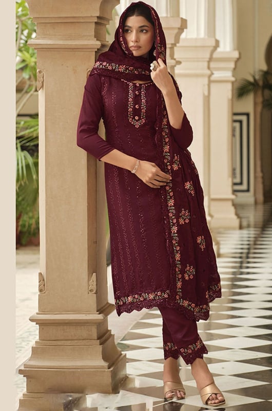 Maroon Embroidered Chinnon Pant Kameez