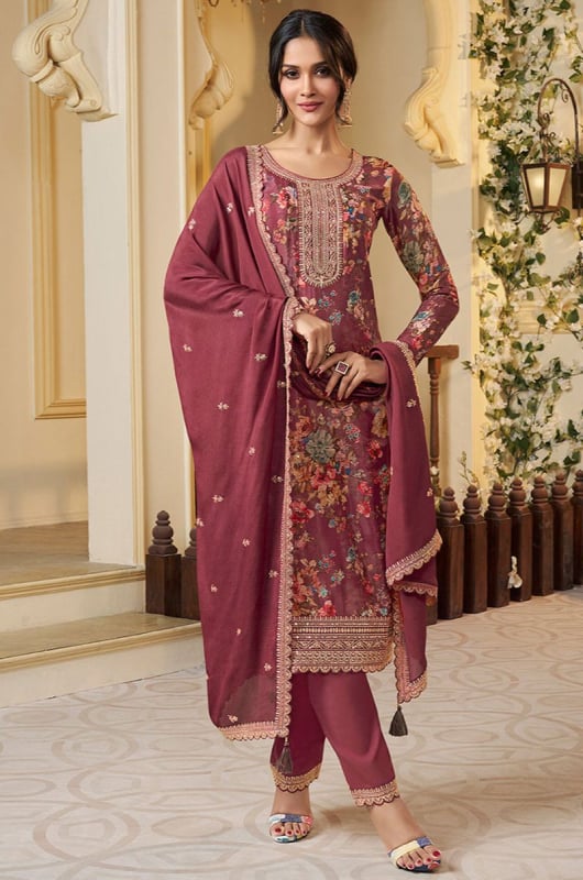 Maroon Embroidered Chinnon Readymade Pant Kameez