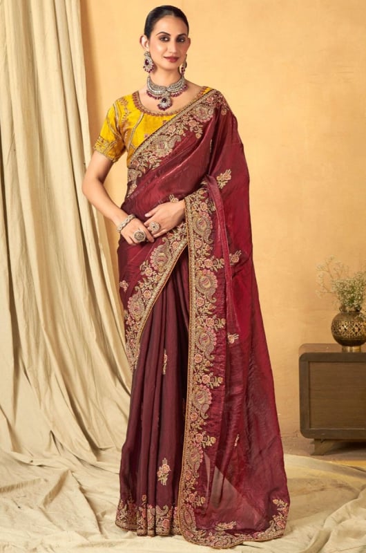 Maroon Embroidered Designer Saree for Wedding