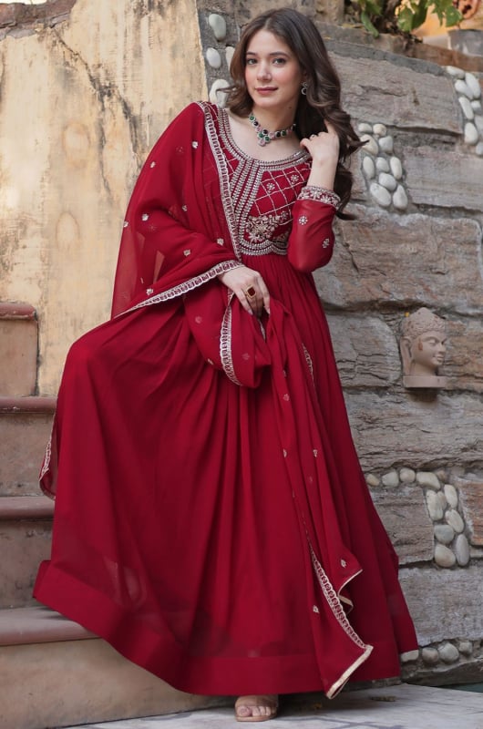 Maroon Embroidered Faux Georgette Anarkali Gown with Dupatta