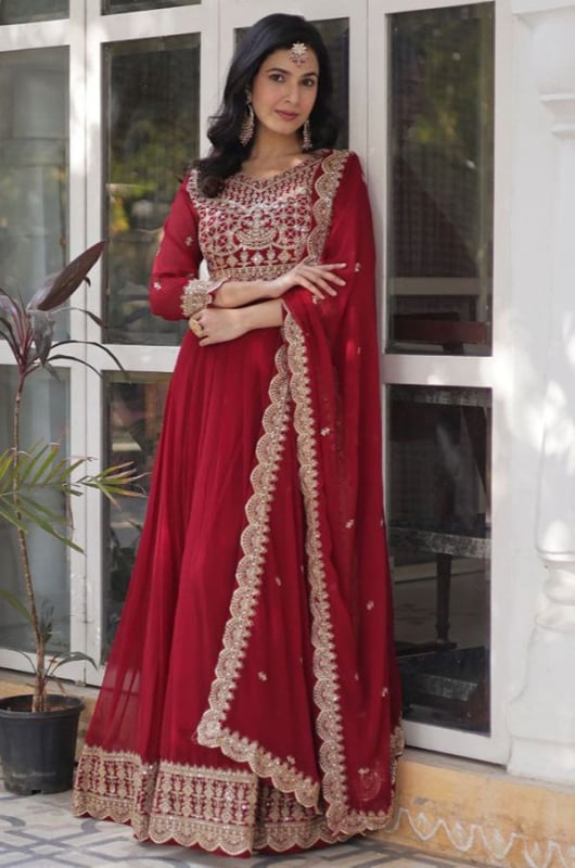Maroon Embroidered Faux Georgette Anarkali Gown with Dupatta