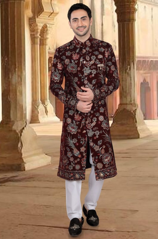 Maroon Embroidered Velvet Designer Sherwani