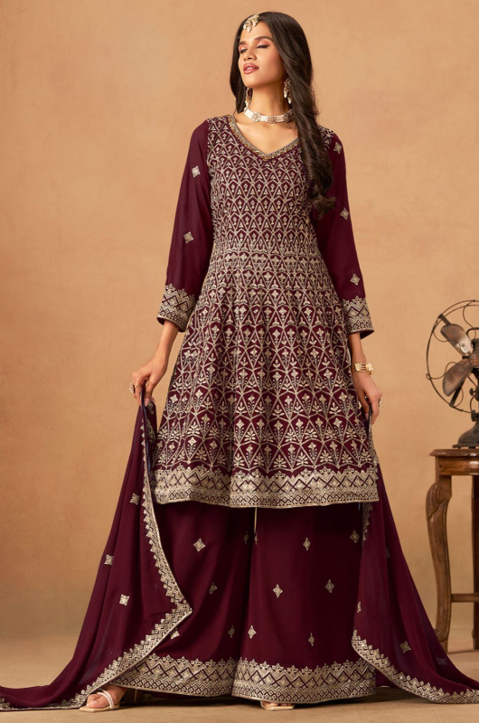 Maroon Faux Georgette Designer Embroidered Suit