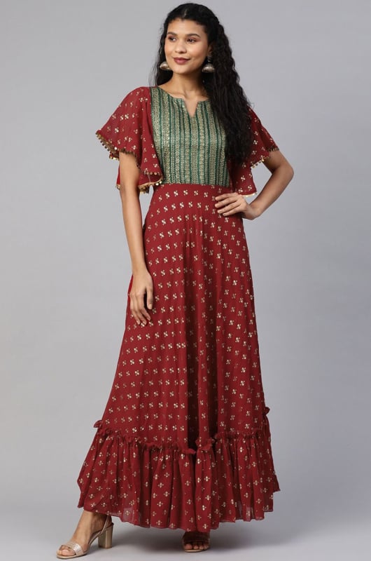Maroon Georgette Readymade Dress