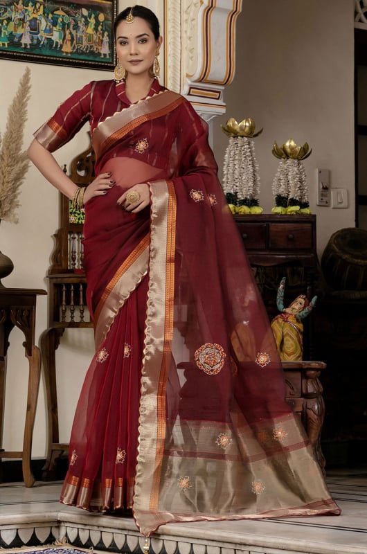 Maroon Handwork Kota Linen Saree