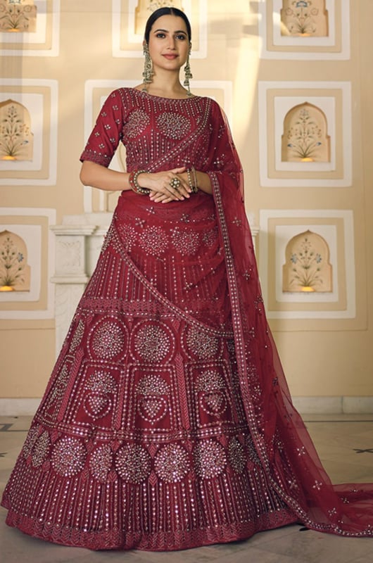 Maroon Mirror Work Net Lehenga Choli for Wedding
