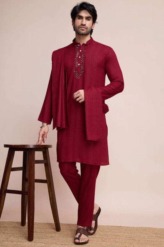 Maroon Mirror Work Viscose Kurta Set with Dupatta