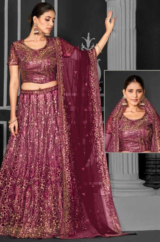 Maroon Net Semi Stitched Lehenga Choli and Dupatta