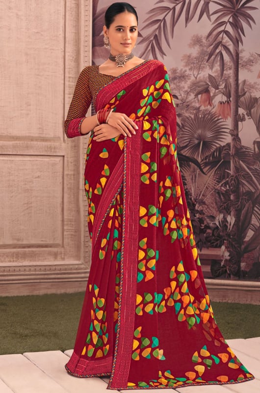 Maroon Printed Casual Georgette Saree