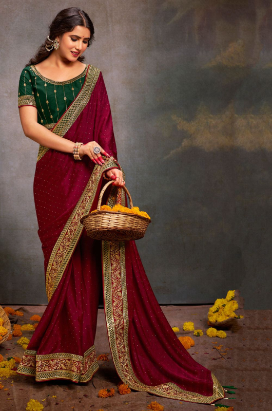 Maroon Satin Saree with Embroidered Blouse