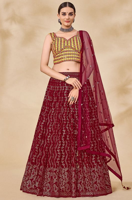 Maroon Sequined Georgette Readymade Lehenga Choli for Wedding