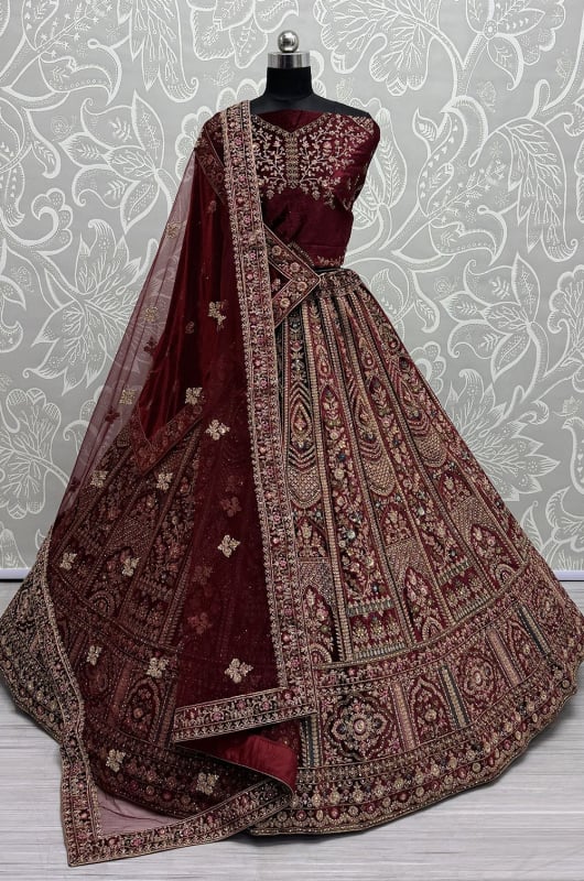 Maroon Velvet Bridal Lehenga Choli with Double Dupatta
