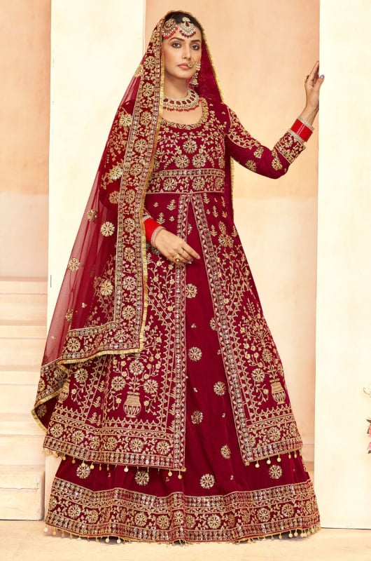 Maroon Velvet Embroidered Lehenga Kameez Suit