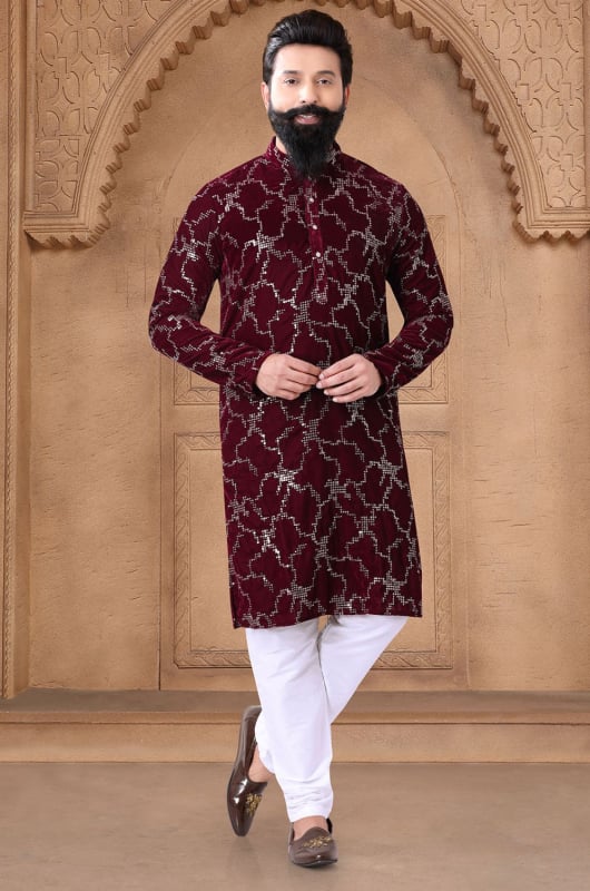 Maroon Velvet Kurta Pyjama Set