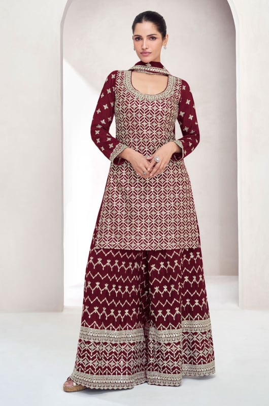 Maroon Zari Embroidered Chinnon Silk Palazzo Kameez Suit
