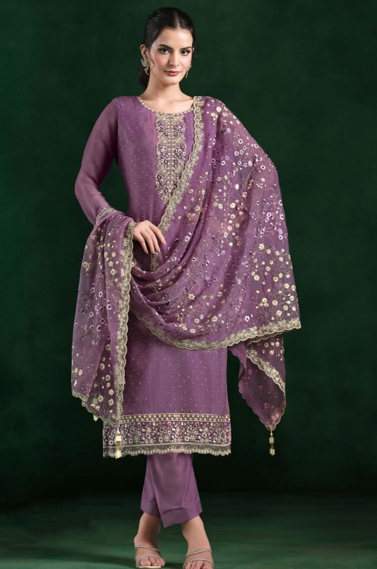 Mauve Embroidered Crinkle Chiffon Pant Kameez