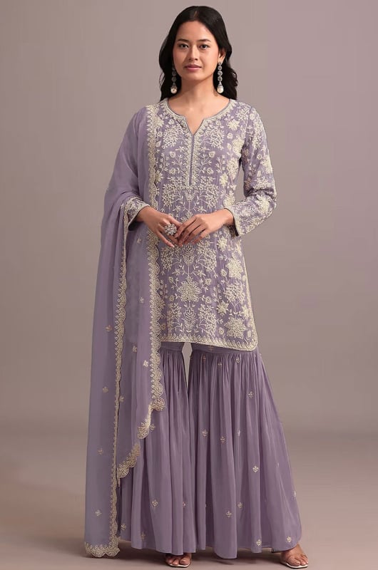 Mauve Embroidered Faux Georgette Sarara Kameez