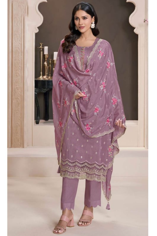 Mauve Embroidered Moonga Silk Pant Kameez