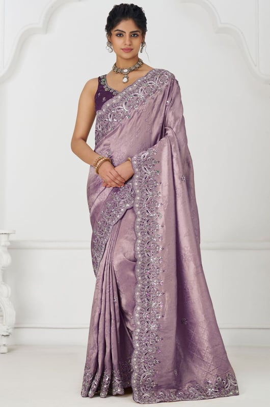 Mauve Handwork Pure Dola Silk Designer Saree