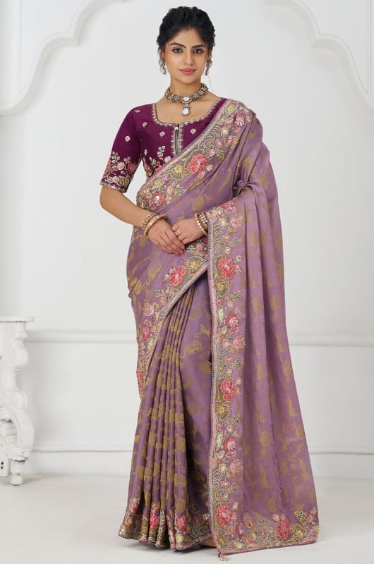 Mauve Handwork Pure Viscose Silk Designer Saree