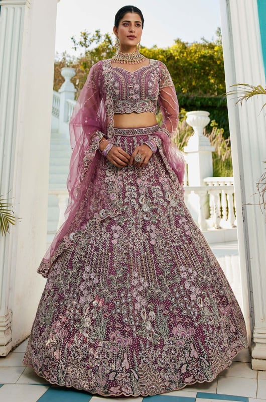 Mauve Net Heavy Designer Lehenga Choli Set for Wedding