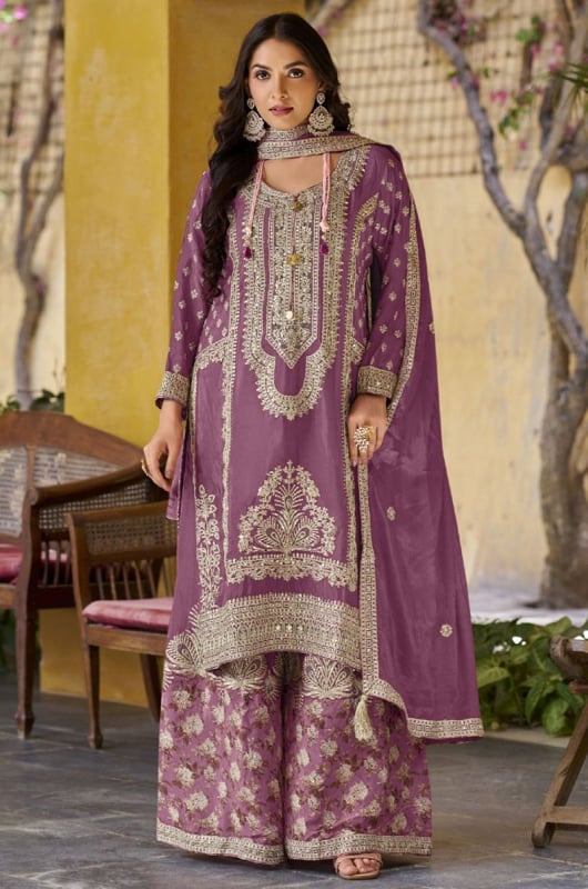 Mauve Pink Embroidered Chinnon Palazzo Kameez