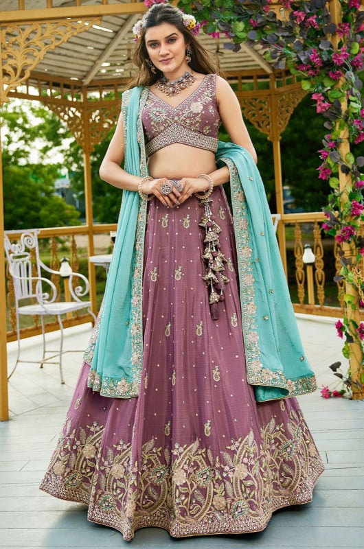 Mauve Pink Embroidered Faux Chiffon Designer Lehenga Choli