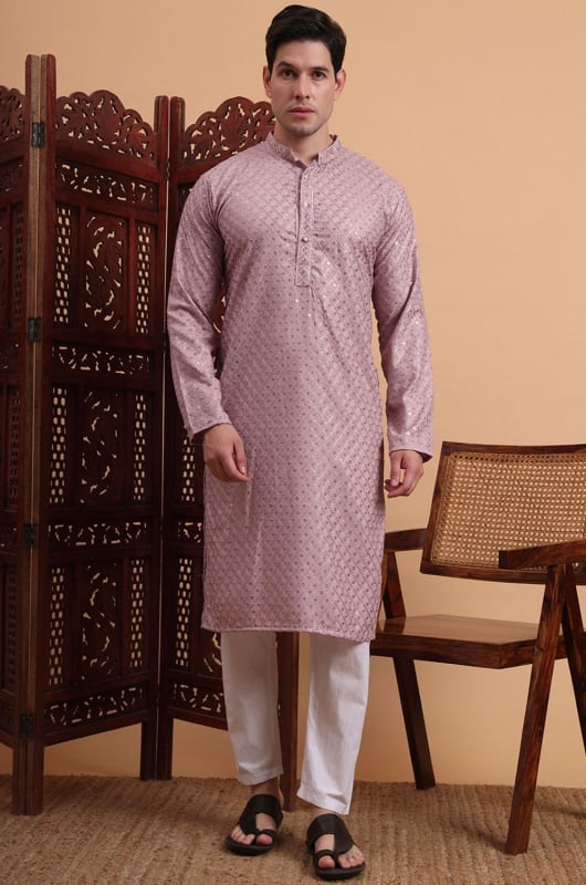 Mauve Rayon Kurta Set for Men
