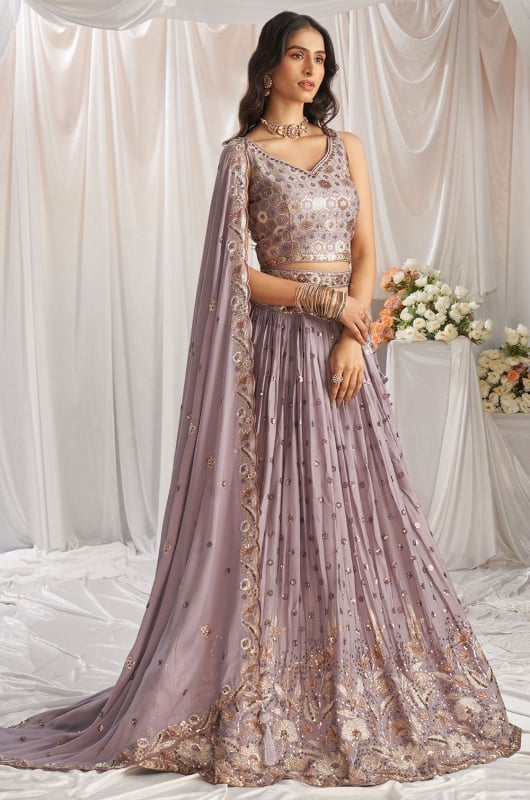 Mauve Sequins Embroidered Faux Georgette Lehenga Choli