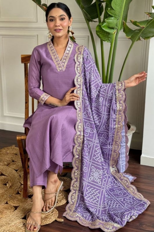 Mauve Sequins Viscose Silk Readymade Pant Kameez
