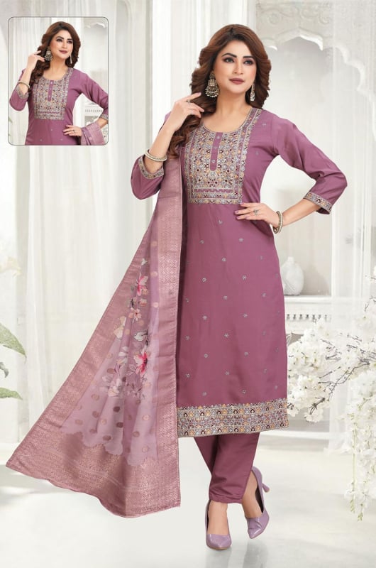 Mauve Silk Readymade Pant Kameez Suit