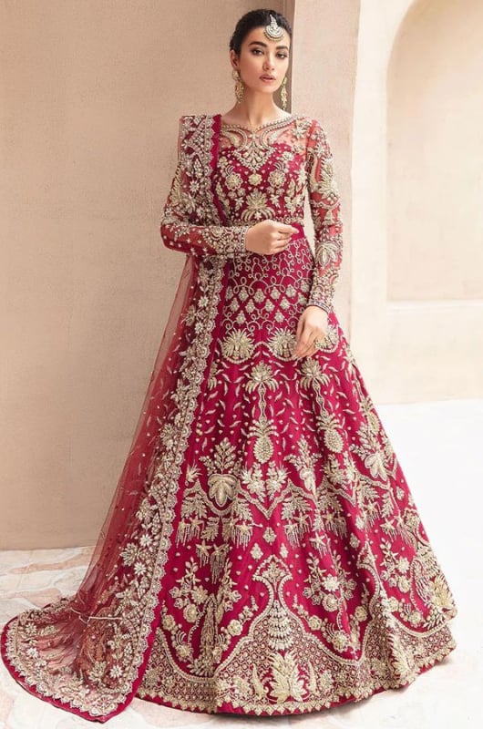 Red Heavy Embroidered Net Anarkali Dress for Ceremonial