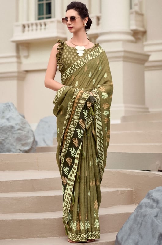 Mehendi Green Digital Print Pure Mal Mal Silk Saree