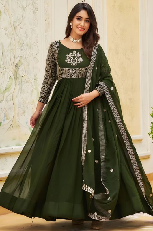Mehendi Green Embroidered Faux Georgette Gown with Dupatta