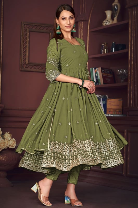 Mehendi Green Embroidered Georgette Anarkali Suit